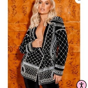 PLT Black Velvet Embellished Beaded Oversized Blazer